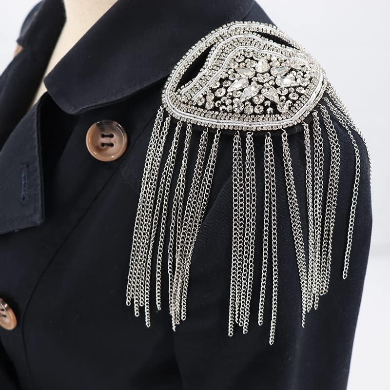 Zthread Crystal Beaded Shoulder Epaulete Badge Rhinestone Shoulder Brooch Pin Gold Chain Tassel Fringe Shoulder Epaullette (Silver) - Image 4